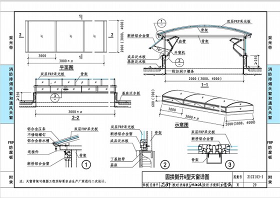 圆拱侧开A型天窗做法示意图