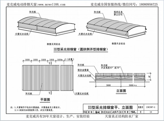 23CJ87-1采光、通风、消防排烟天窗（一）中III型侧开式圆拱型电动采光排烟天窗