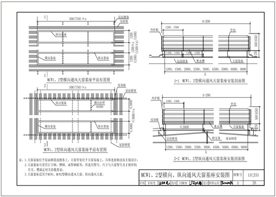 11cj33MCW1、2型横向、纵向通风天窗基座安装图