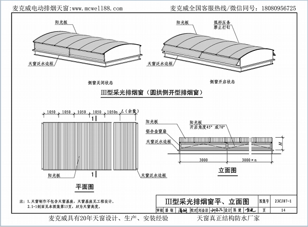 23CJ87-1采光、通风、消防排烟天窗（一）中III型侧开式圆拱型电动采光排烟天窗